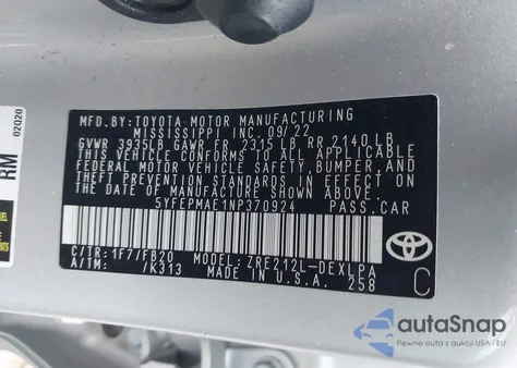 2022 Toyota Corolla Le from USA, damaged, VIN 5YFEPMAE1NP370924